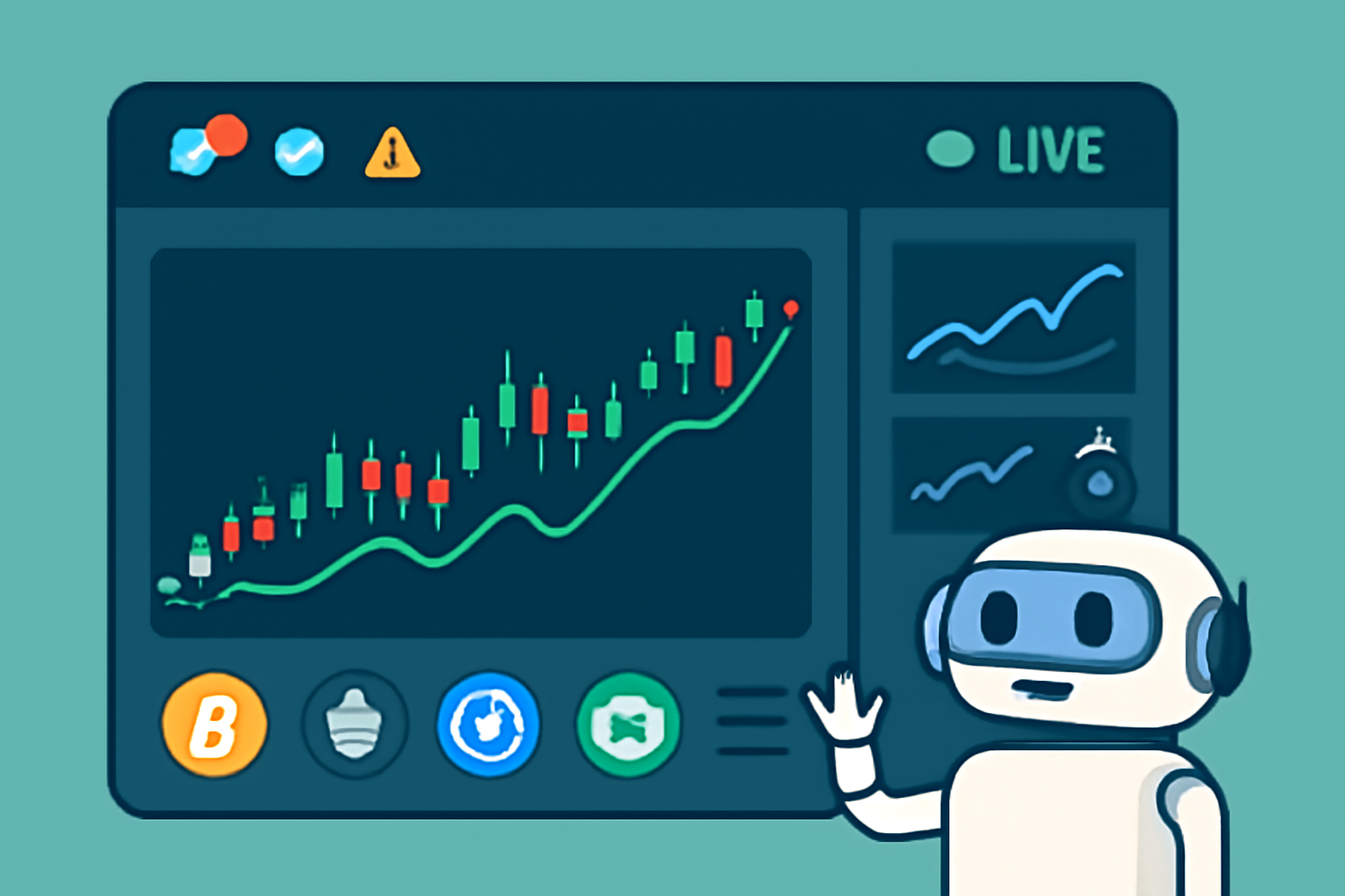 A live dashboard with real-time trading graphs, notification icons, and a robot monitoring trades across multiple blockchains