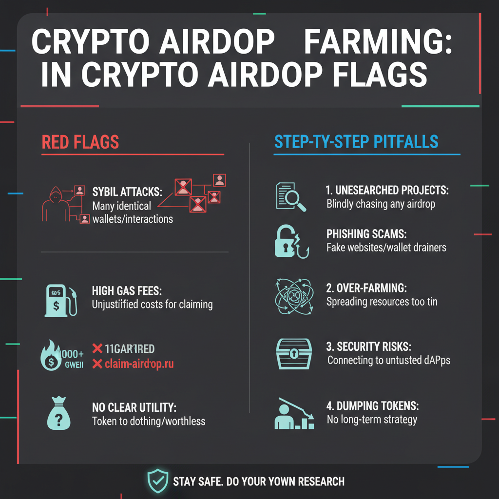 warning signs pitfalls in crypto airdrop farming, red flags sybil attacks high gas, dark mode infographic