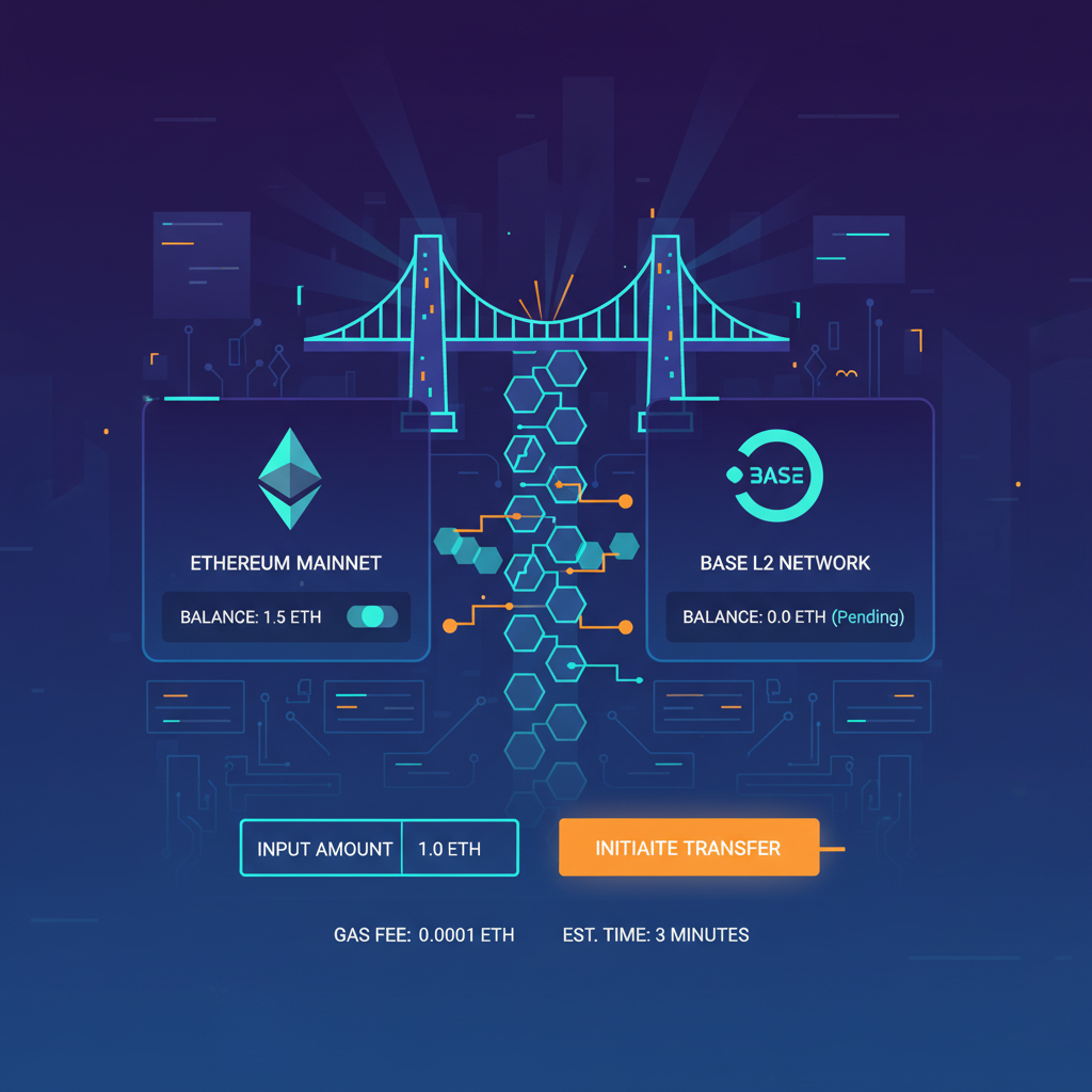 official base bridge interface transferring ETH from ethereum to base L2, glowing bridge graphic, cyberpunk style
