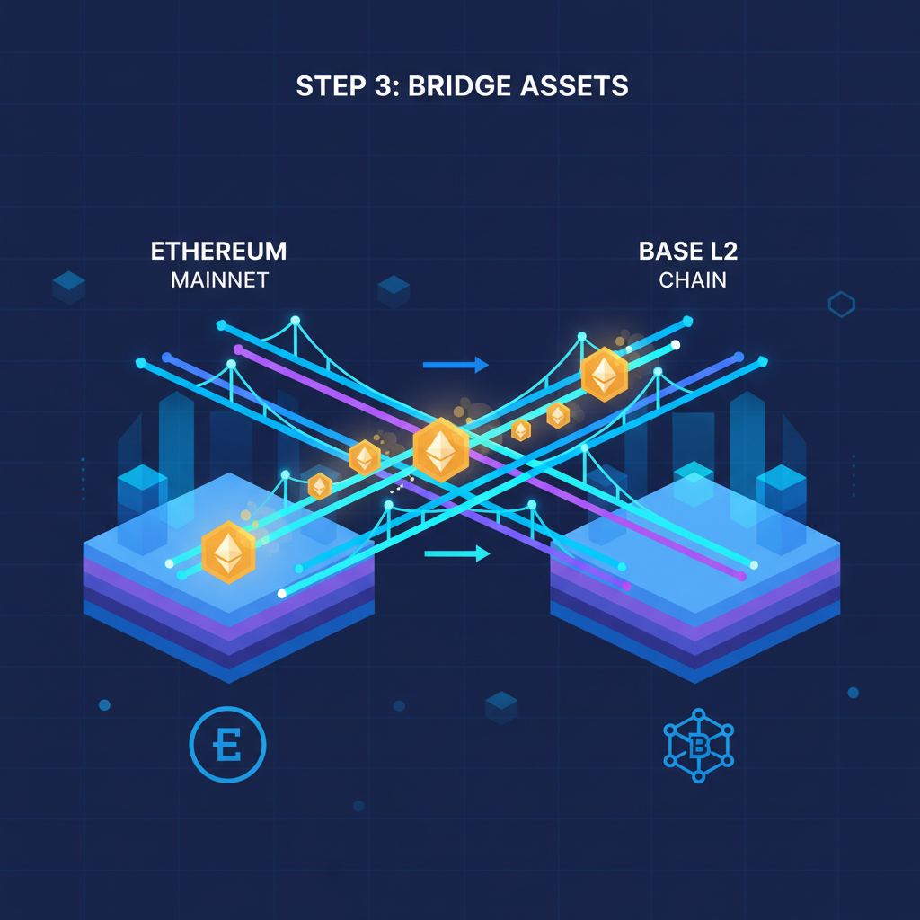 animated bridge transferring glowing ETH from Ethereum to Base L2 chain, neon bridges, blockchain visuals