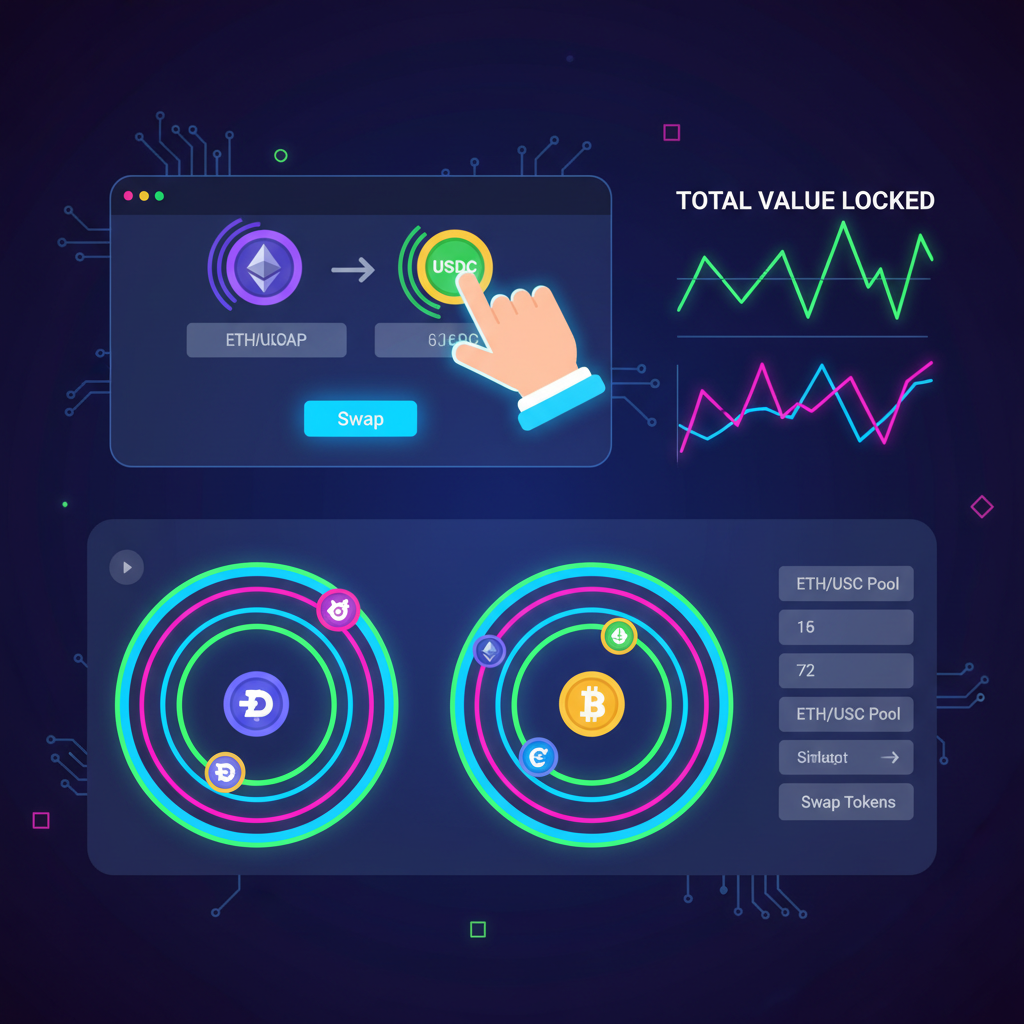 user swapping tokens on base defi dapp uniswap interface, vibrant charts and liquidity pools, neon crypto aesthetic