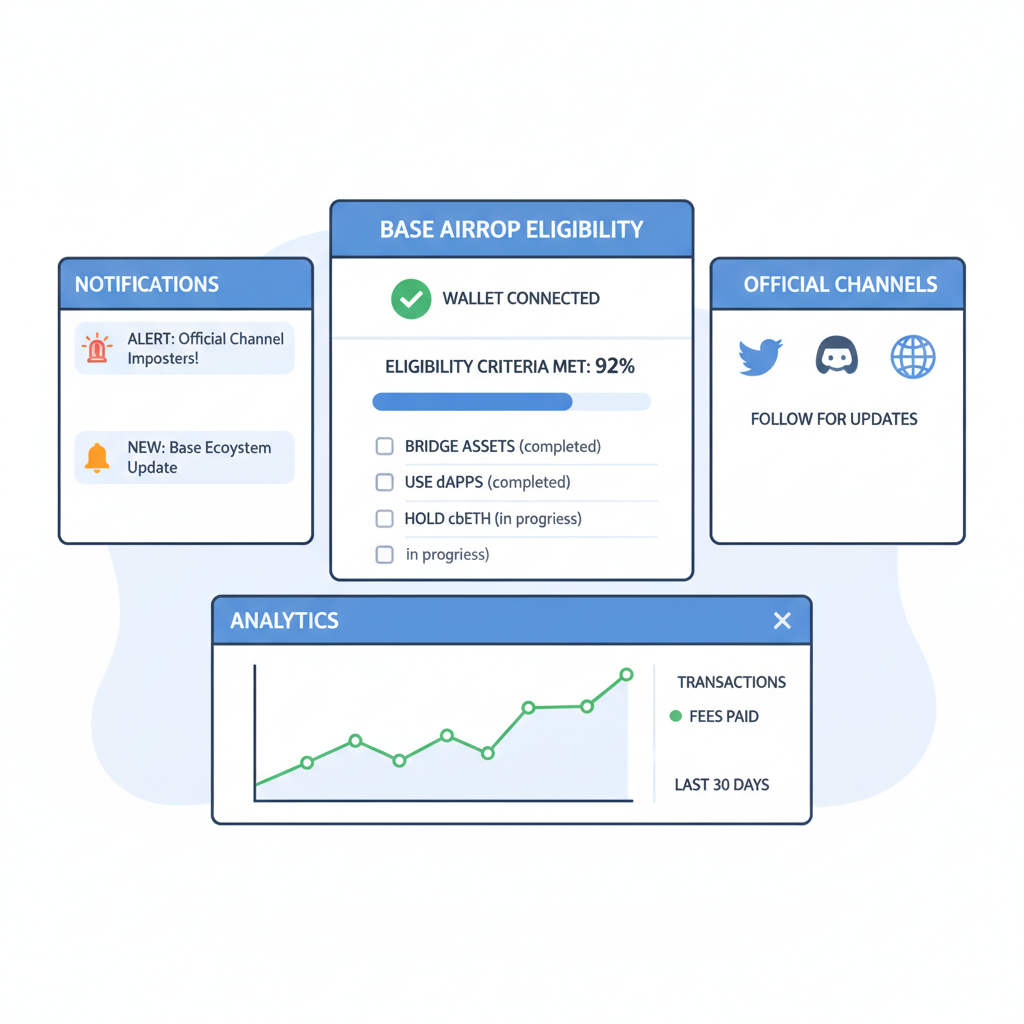 dashboard monitoring base airdrop eligibility, notifications alerts official channels, sleek analytics screen