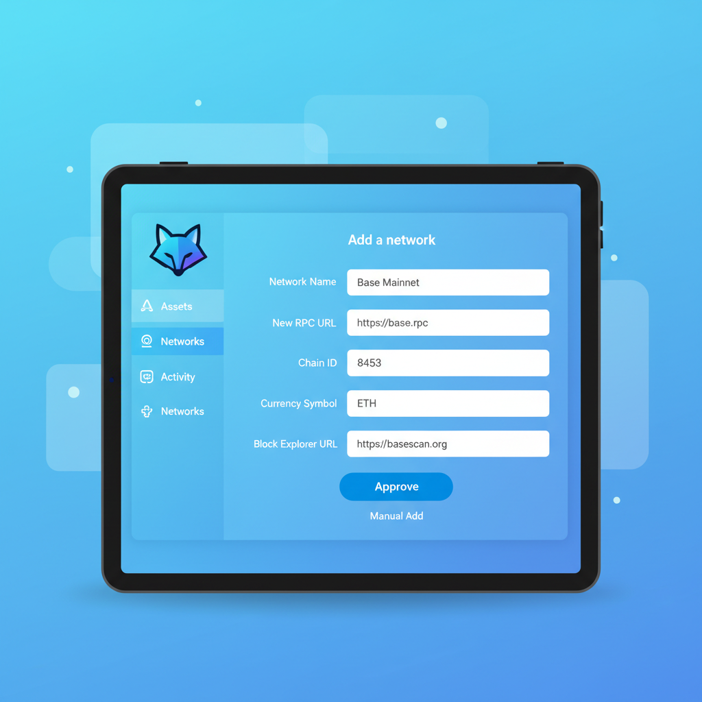 sleek metamask wallet interface adding base mainnet network, futuristic crypto UI, blue tones