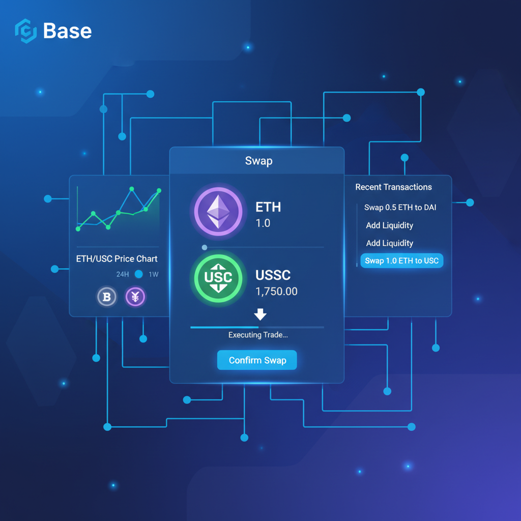 DEX swap interface on Base, ETH to USDC trade executing, charts and tokens glowing