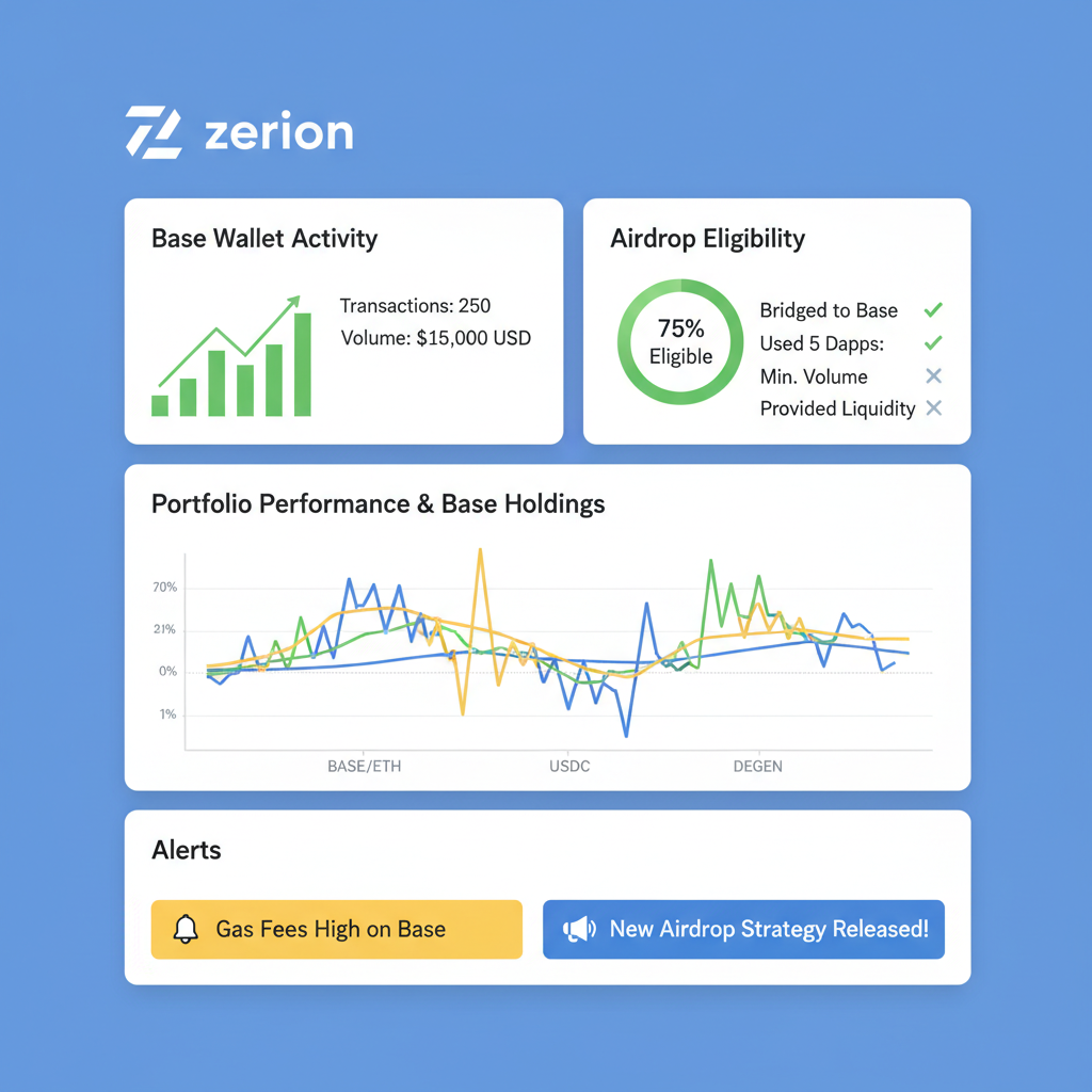 Zerion dashboard tracking Base wallet activity, airdrop eligibility metrics, charts and alerts