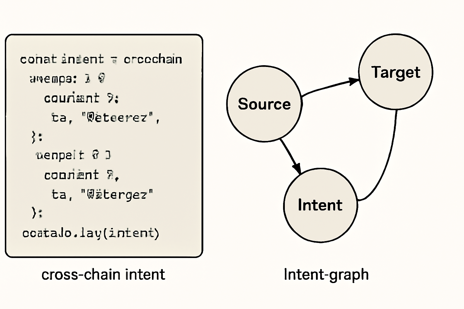 code snippet declaring cross-chain intent, intent graph visualization