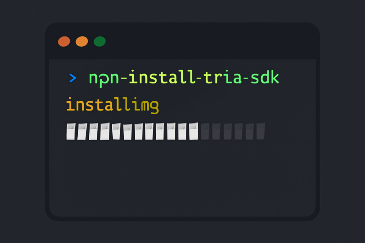 developer terminal installing Tria SDK npm command, code syntax highlight, dark mode