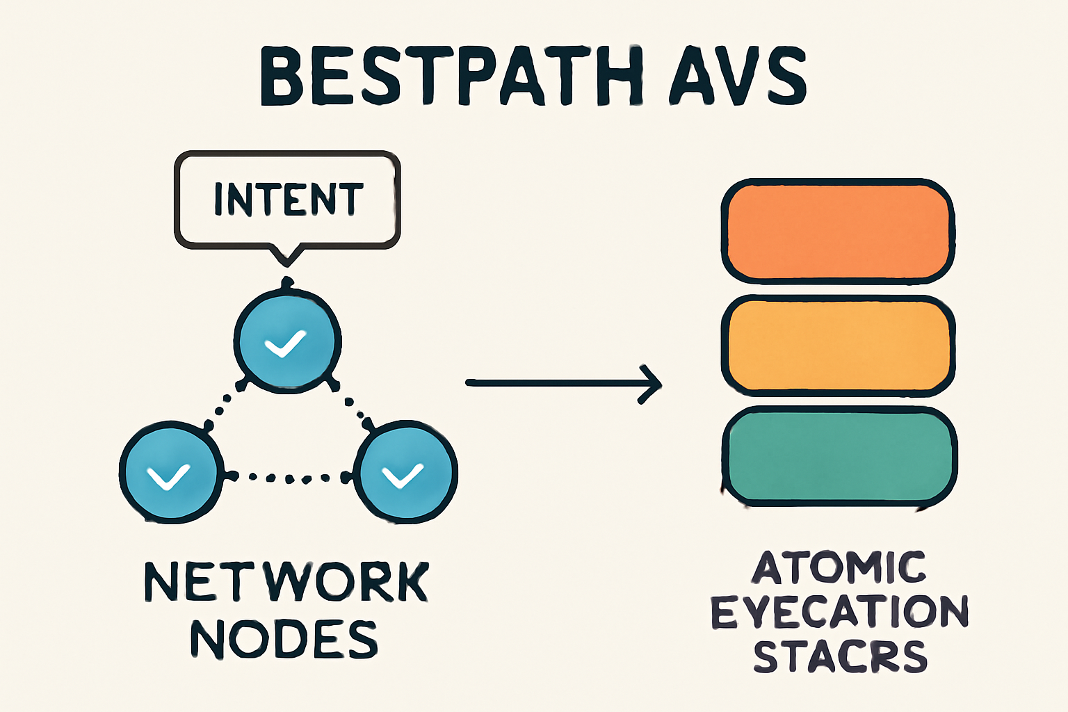 BestPath AVS network nodes validating intents, atomic execution stacks