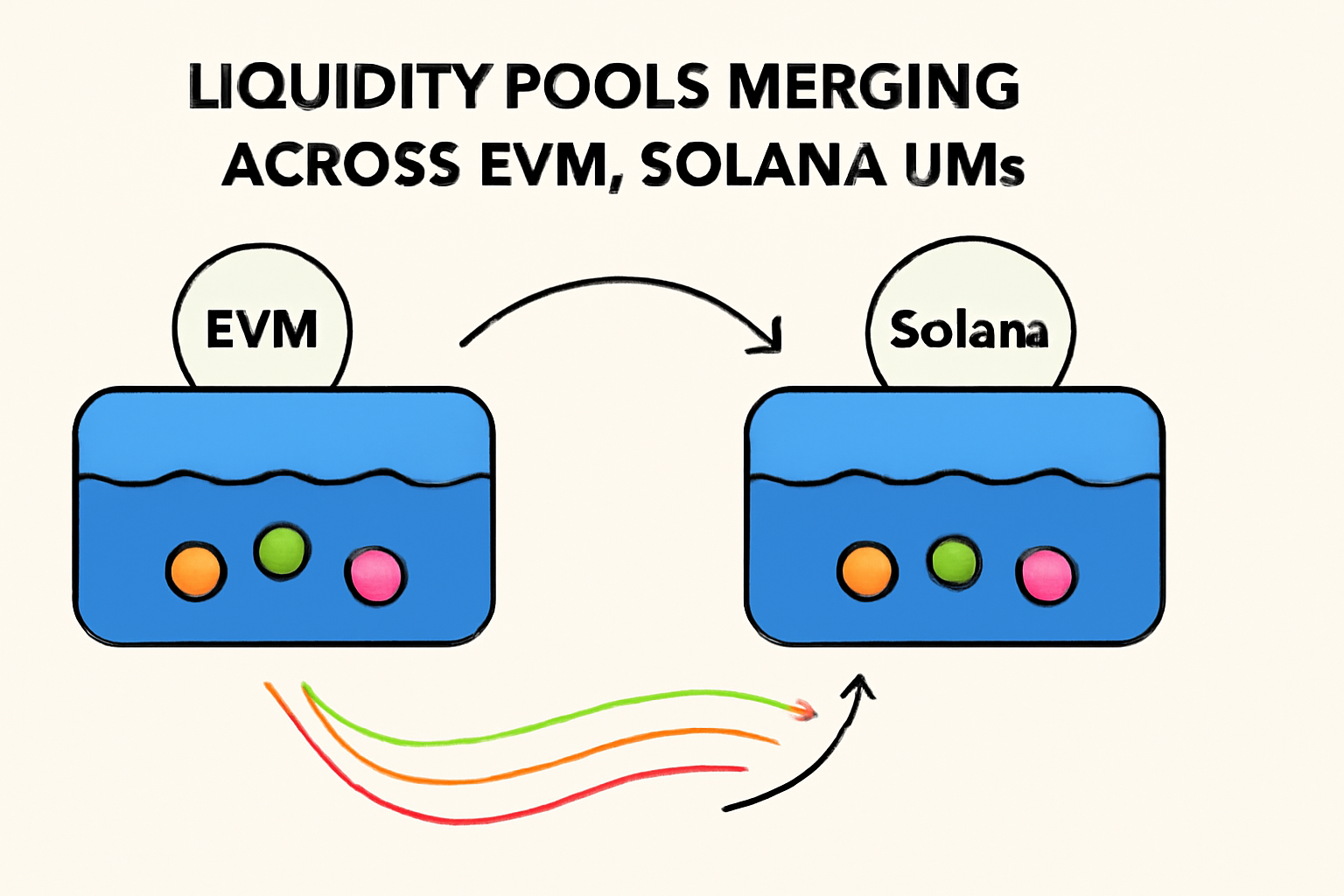liquidity pools merging across EVM Solana VMs, flowing assets graph