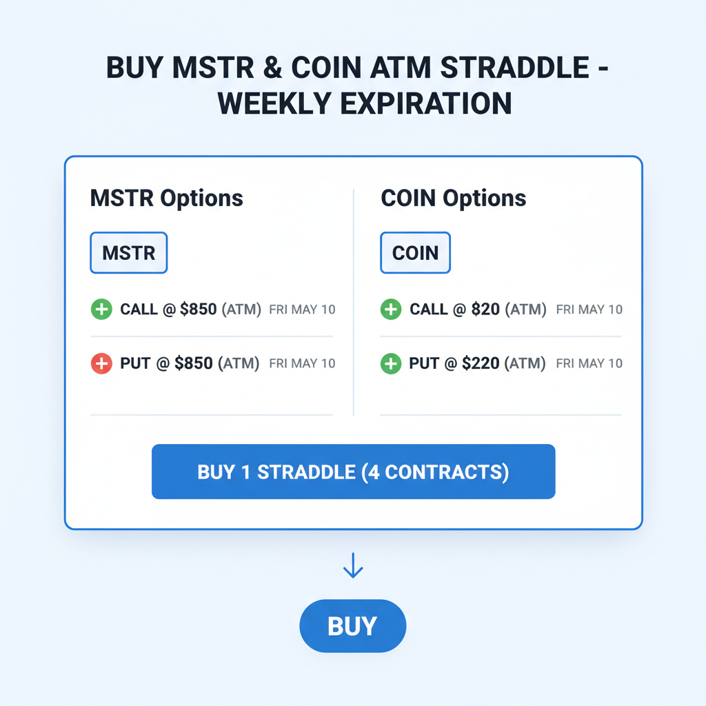 options trading interface buying MSTR COIN ATM call and put straddle weekly expiration