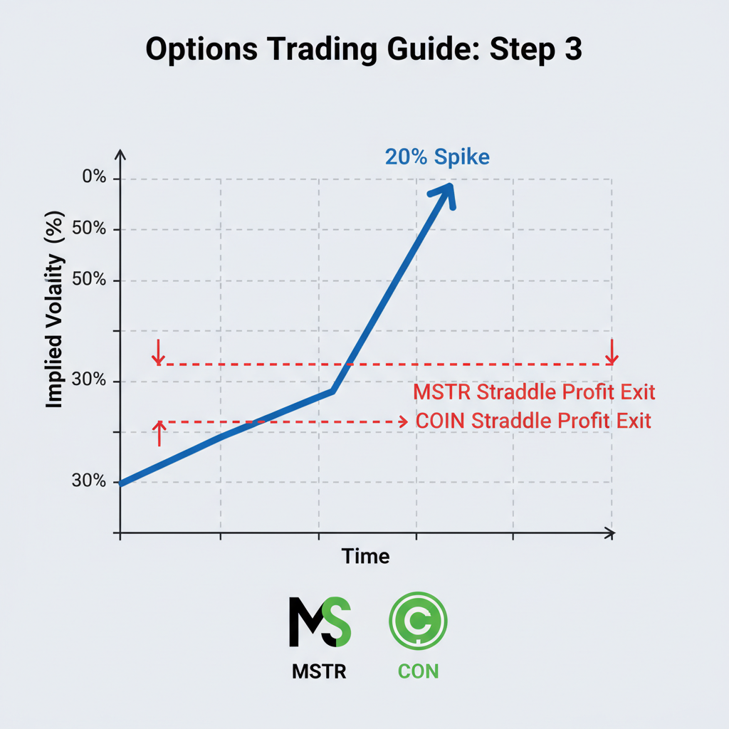 volatility chart spiking 20% with straddle profit exit signals on MSTR COIN options