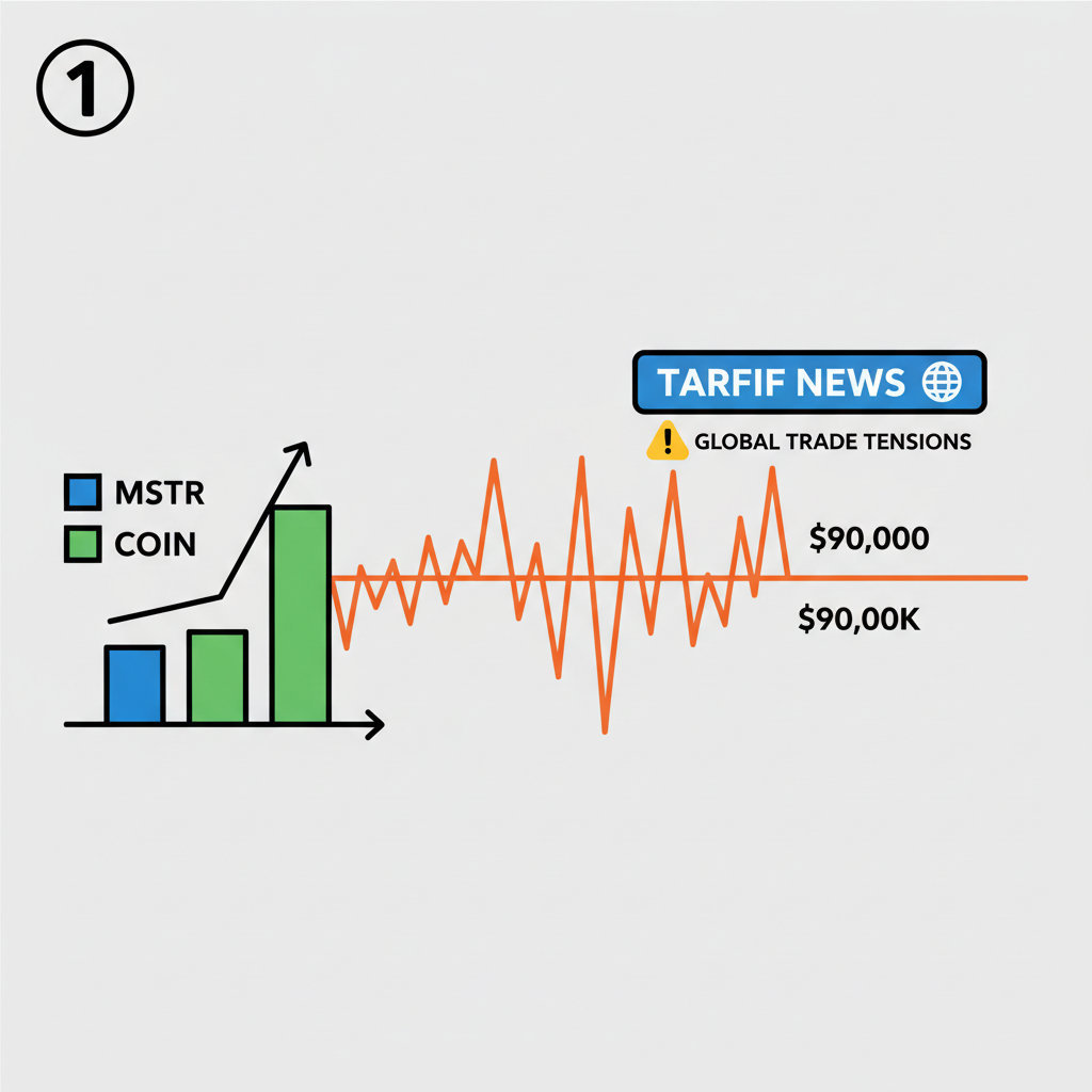 bitcoin chart at $90K support with volatility spikes MSTR COIN stocks tariff news overlay