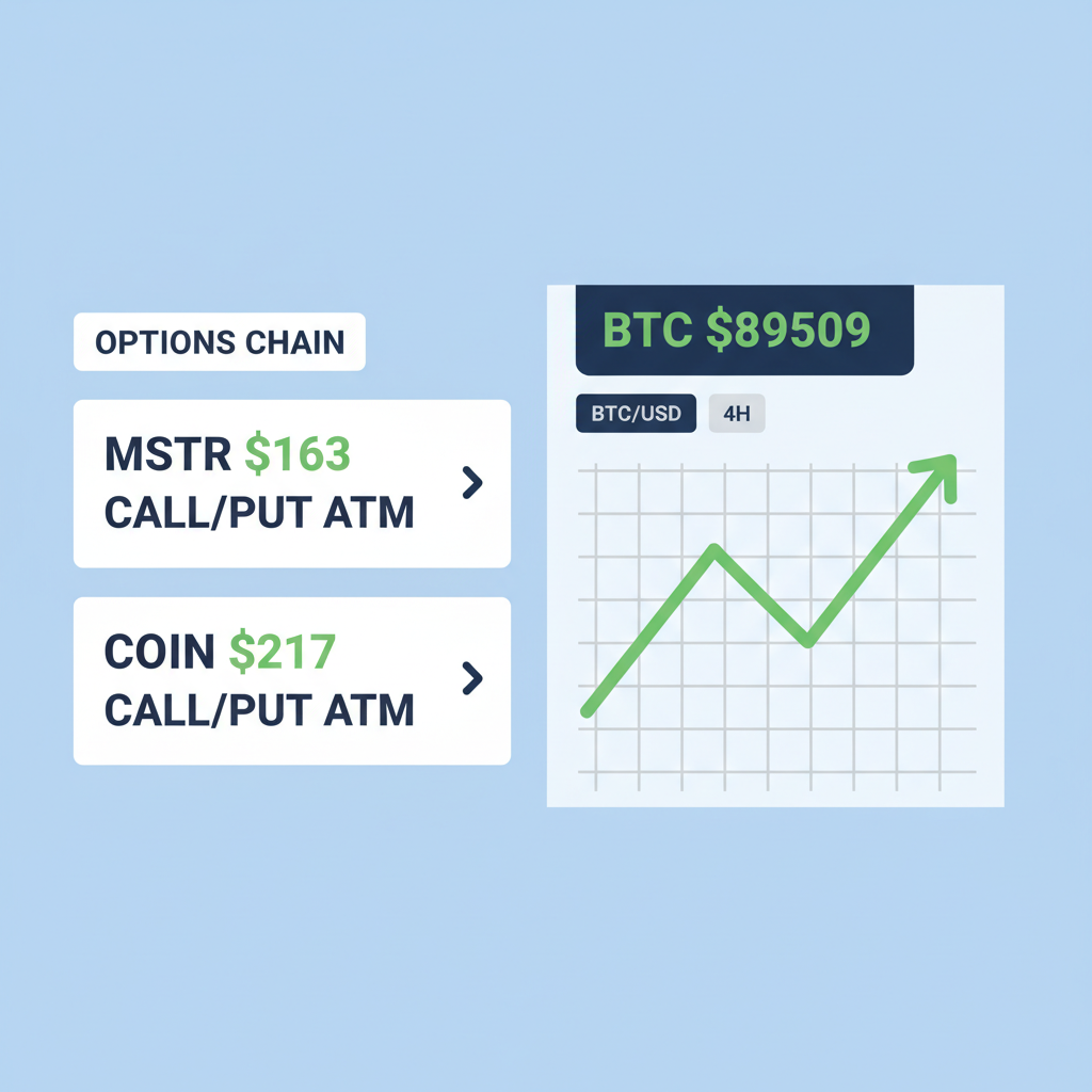 trading screen showing MSTR $163 and COIN $217 ATM options strikes with BTC $89509 chart