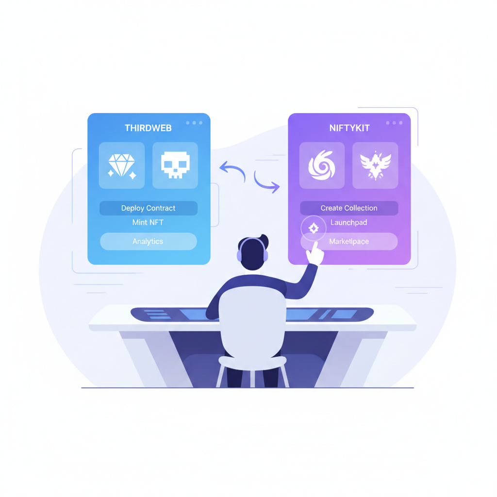 developer at desk choosing between Thirdweb and NiftyKit dashboards, NFT icons, futuristic UI