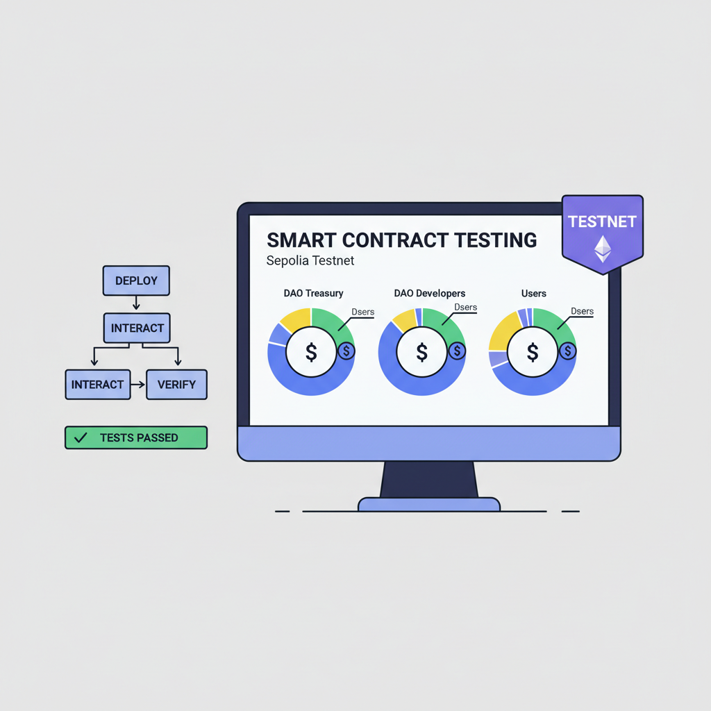 testing smart contract on Sepolia blockchain, charts showing revenue splits, testnet badge