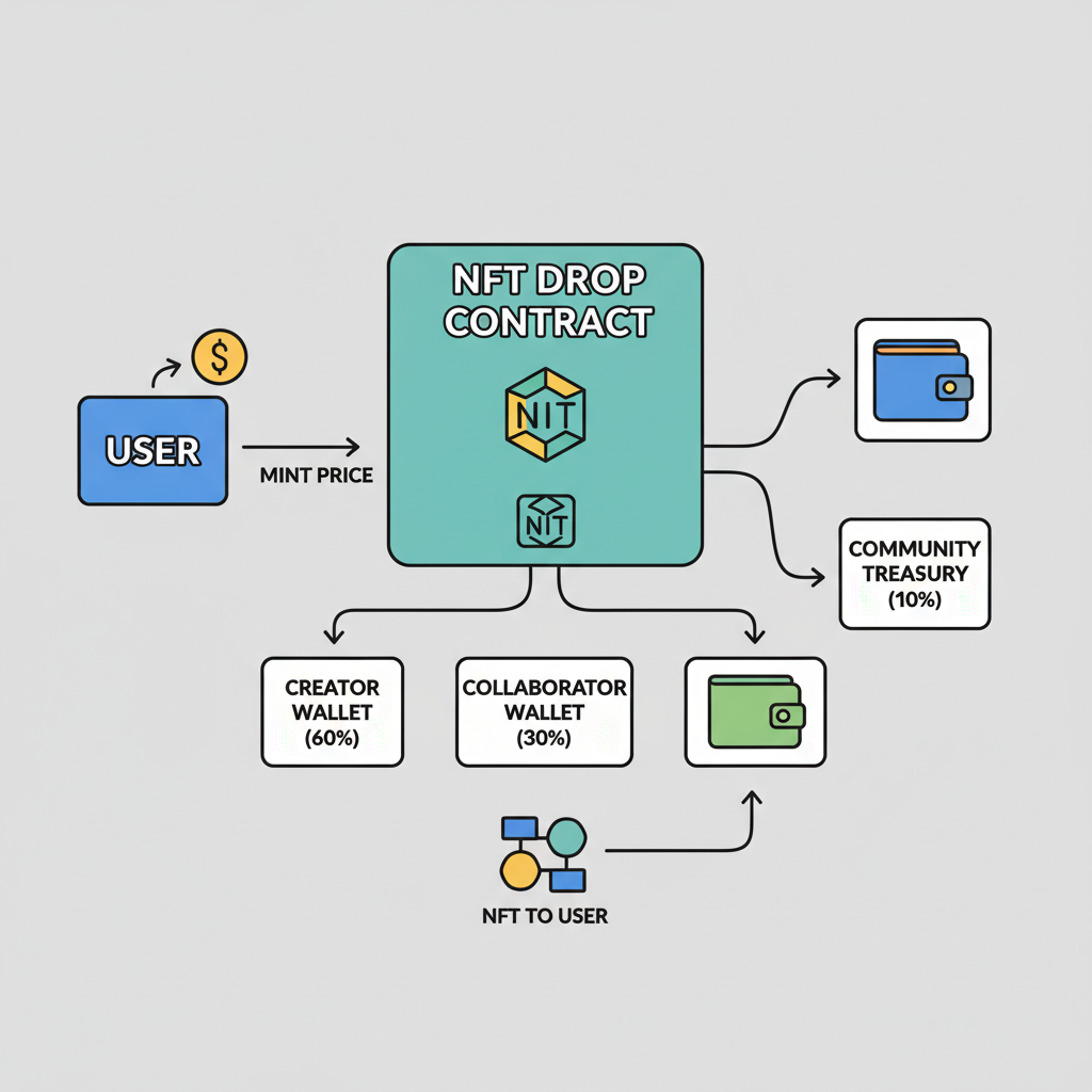NFT drop contract integrating with revenue split, money flowing to multiple wallets