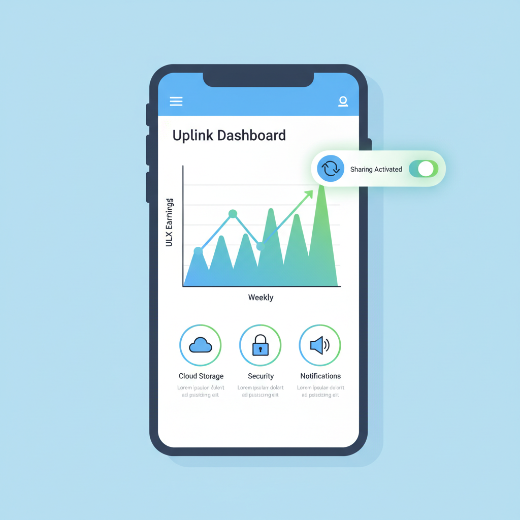 Uplink app dashboard displaying ULX earnings graph, sharing activated toggle