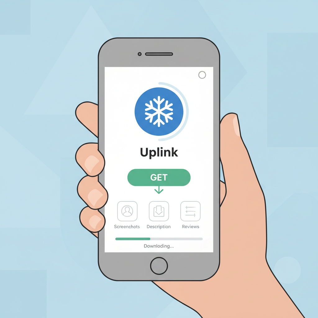smartphone downloading Uplink app from store, Avalanche logo, clean UI