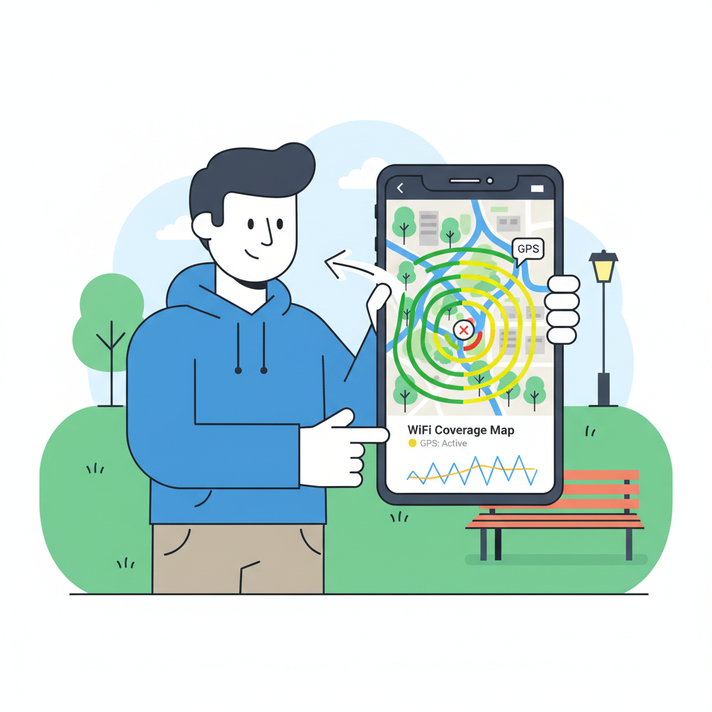 person holding phone outdoors mapping WiFi coverage with GPS map overlay