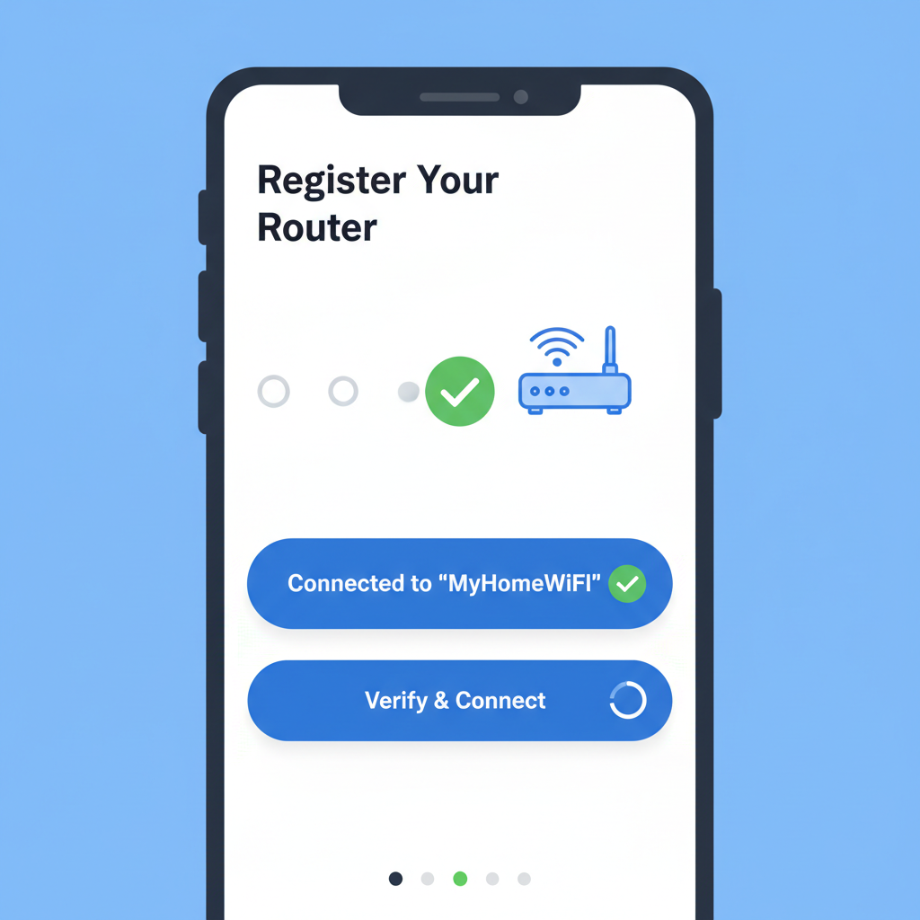 mobile app screen registering WiFi router, verification checkmark, router icon