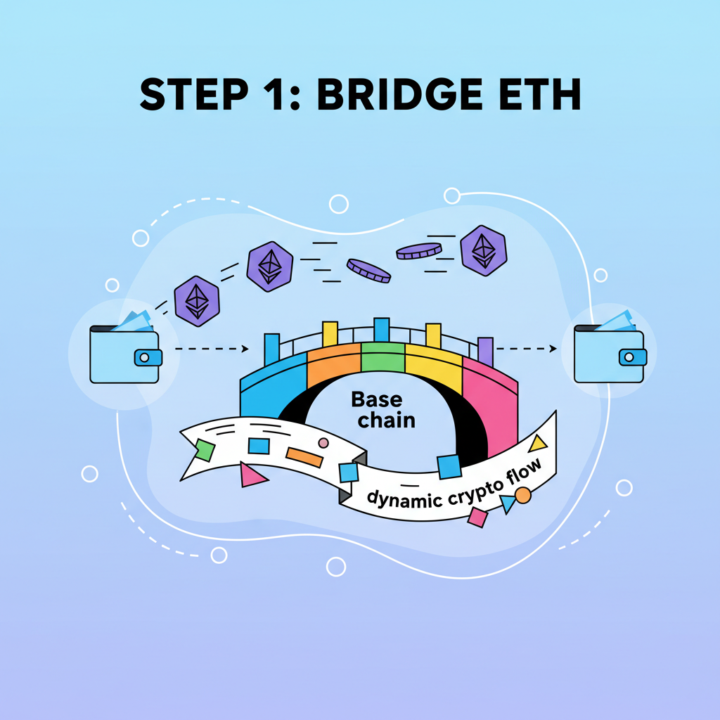 illustration of ETH tokens bridging across colorful Base chain bridge, wallet glowing, dynamic crypto flow
