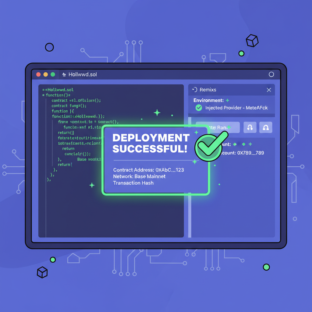 Remix IDE screen deploying simple smart contract to Base Mainnet, code glowing green, success checkmark, techy cartoon