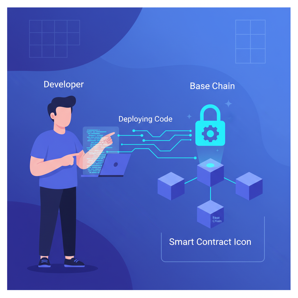developer deploying first glowing smart contract code to Base chain, contract icon materializing