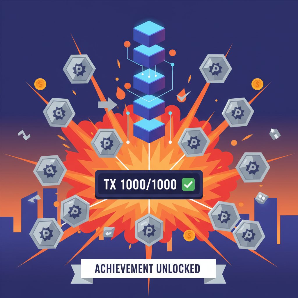 epic platinum badge explosion, 1000 TX counter maxed, stack of smart contracts, fiery crypto achievement scene