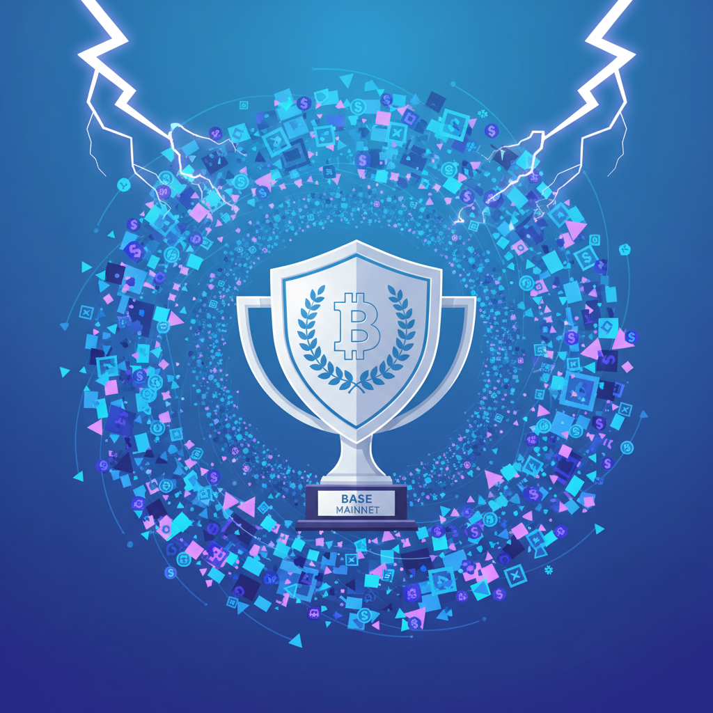platinum badge trophy amidst whirlwind of 1000 transactions on Base mainnet, dramatic lighting