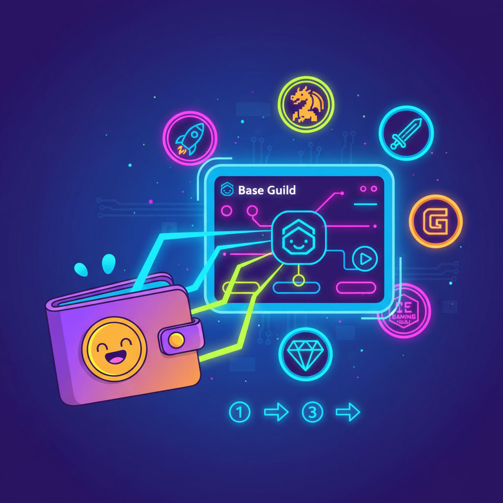 vibrant cartoon wallet connecting to glowing Base Guild dashboard, crypto guild badges floating, energetic neon style