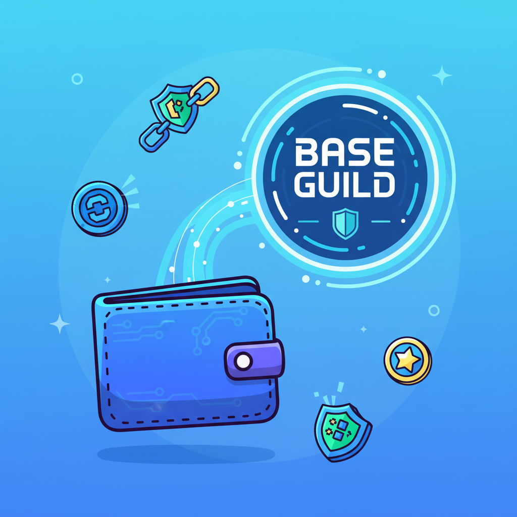 vibrant cartoon wallet connecting to glowing Base Guild portal, crypto badges floating, energetic blue tones