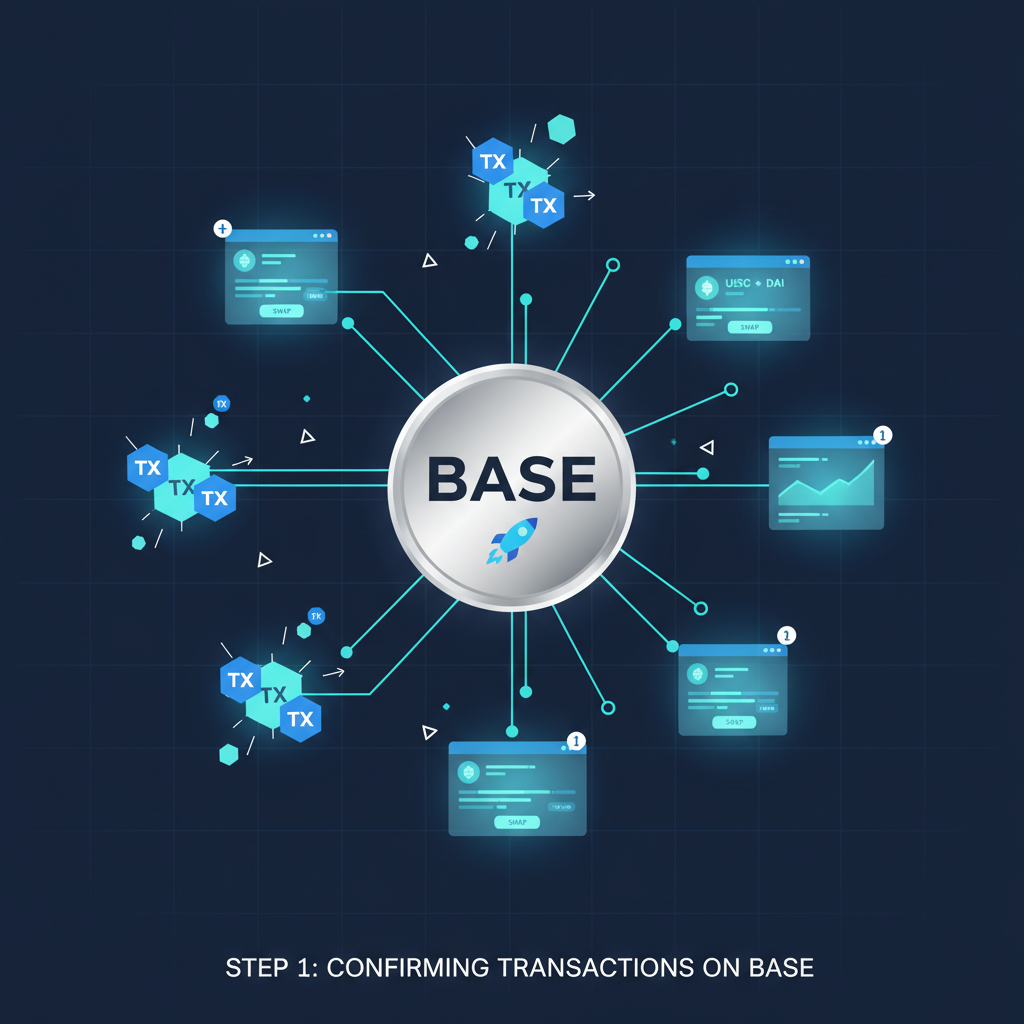 dynamic scene of 50 transaction bursts on Base network, silver badge shining, DEX interfaces glowing