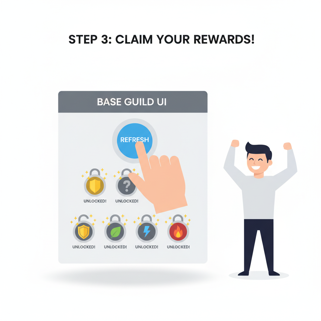 user clicking refresh button on Base Guild UI, badges unlocking with sparkles, triumphant pose