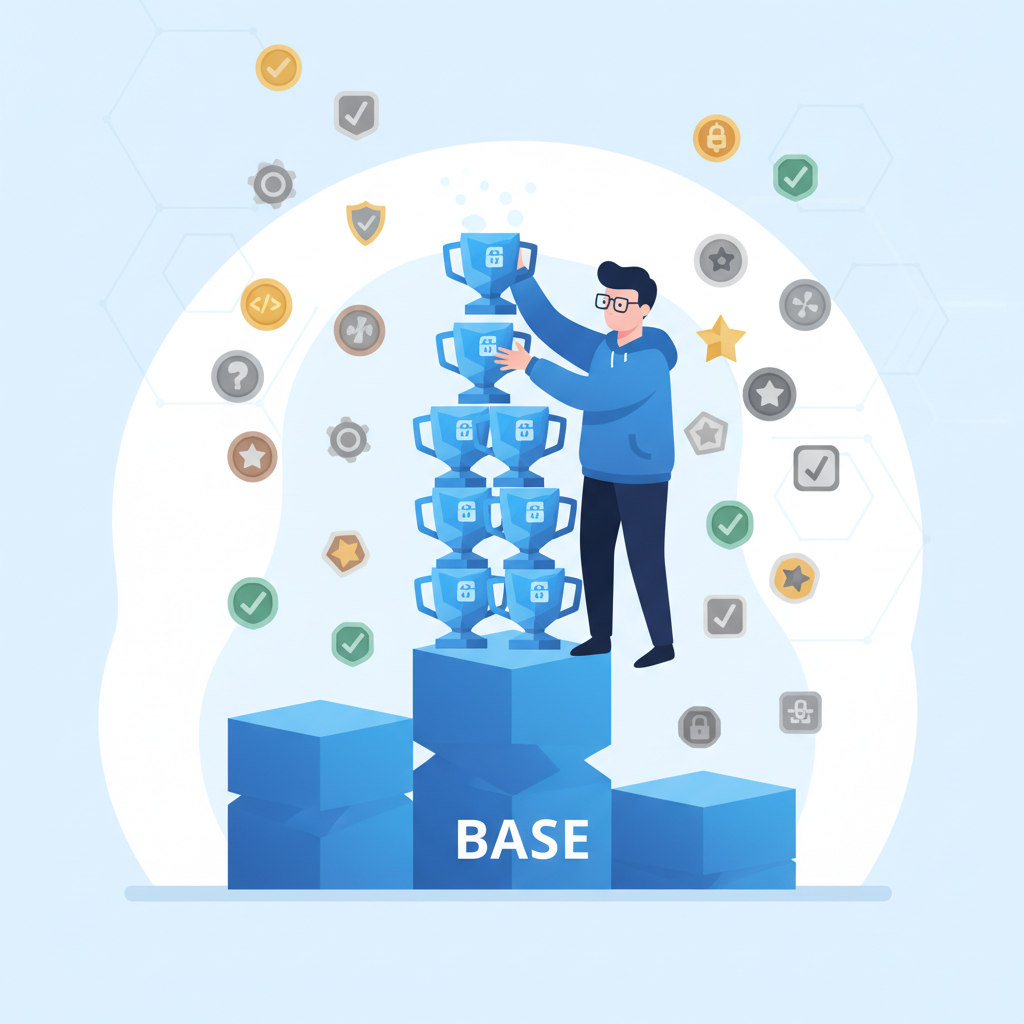coder stacking 10 smart contracts like trophies on Base blockchain podium, elite badges raining down