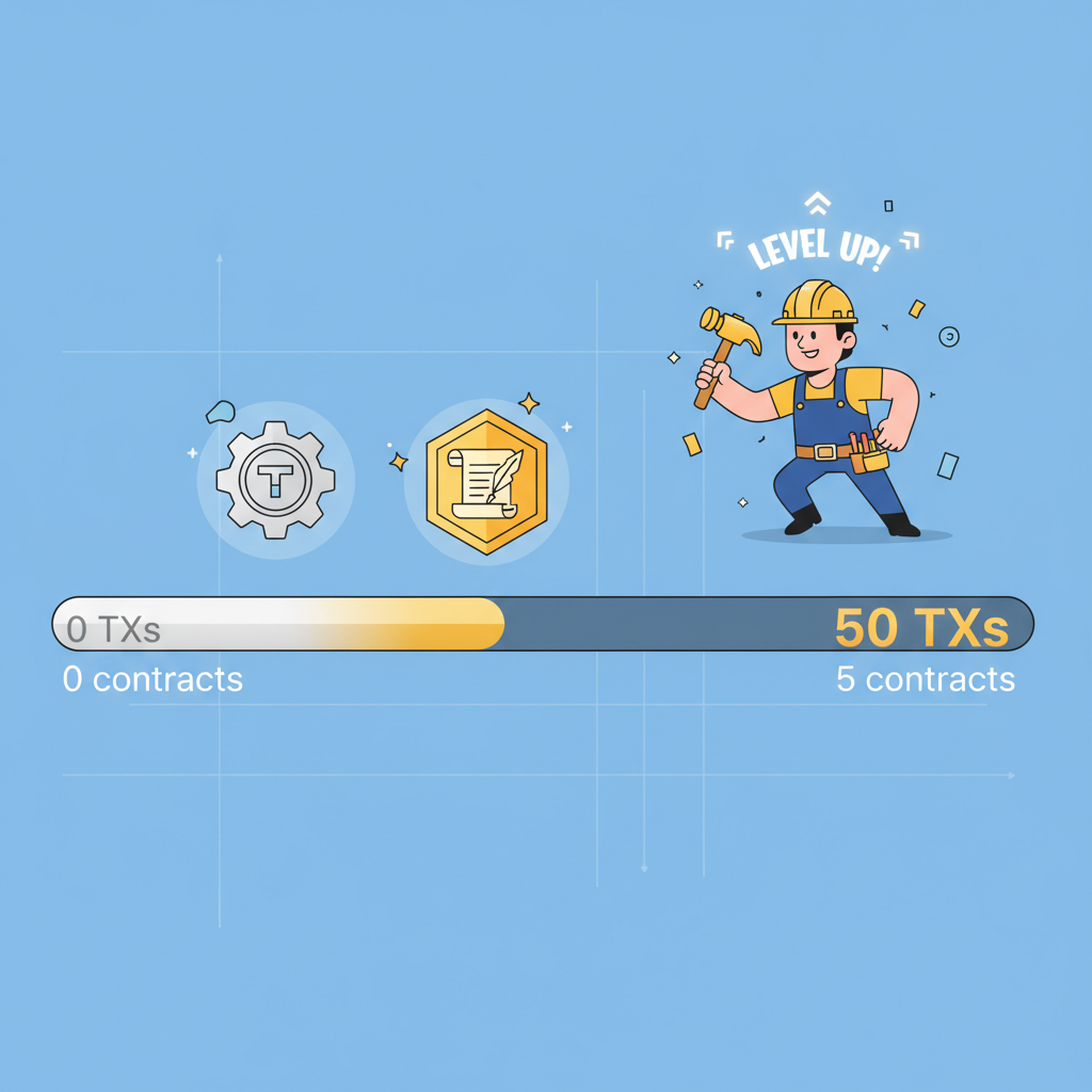 progress bar filling to 50 TXs and 5 contracts, silver gold badges emerging, builder character leveling up