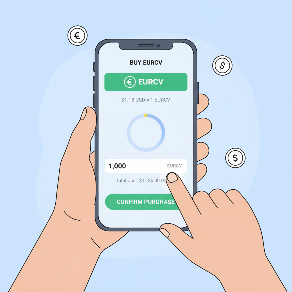 User buying EURCV stablecoin on crypto exchange app, modern interface, euro symbols, $1.18 price tag