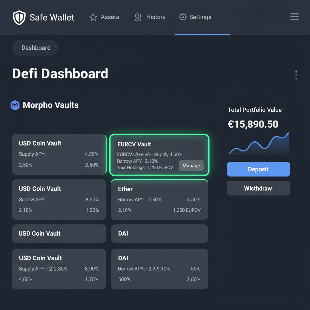 Safe Wallet DeFi dashboard showing Morpho Vaults integration, EURCV vault highlighted