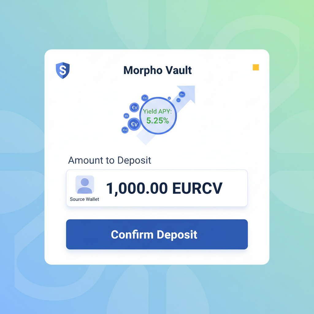 Deposit interface in Safe Wallet Morpho Vault, EURCV tokens flowing in, yield APY indicator