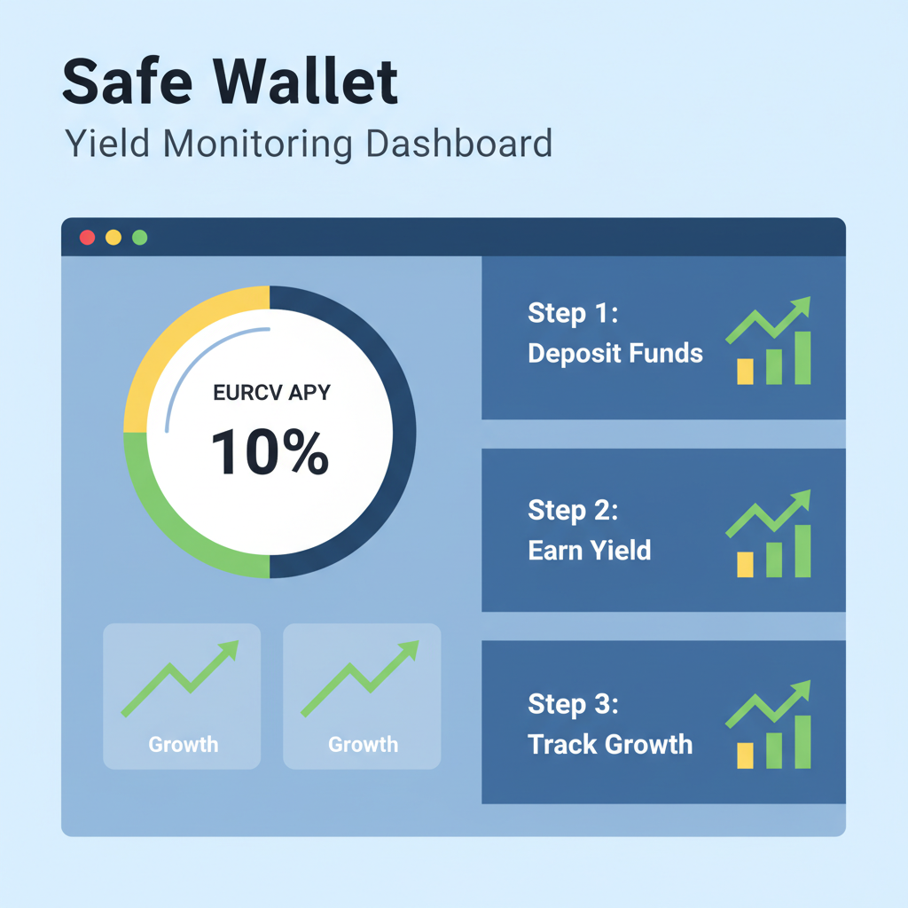 Safe Wallet yield monitoring dashboard, EURCV APY chart at 10%, growth graphs