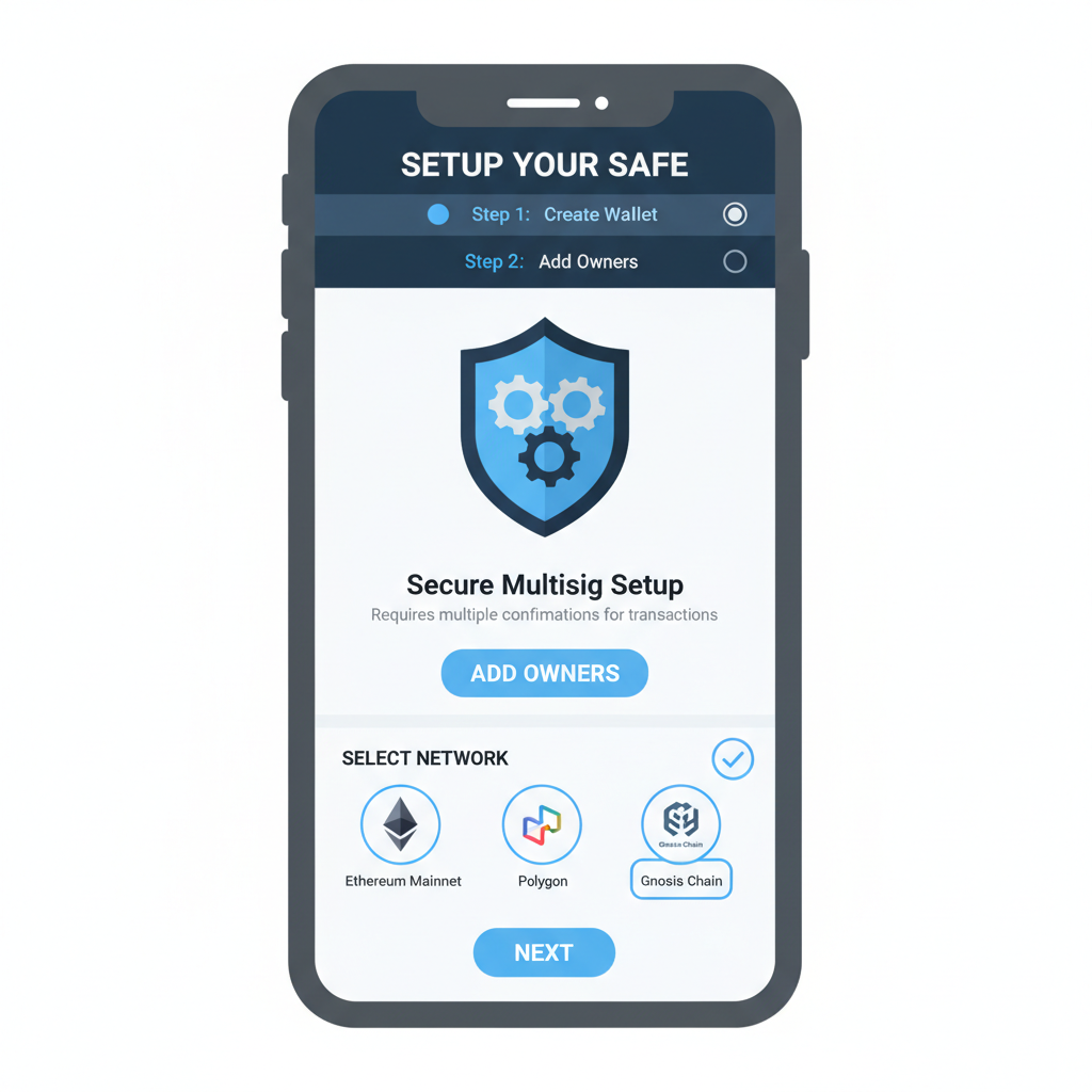 Safe Wallet app setup screen on mobile, secure multisig interface, Ethereum network selection