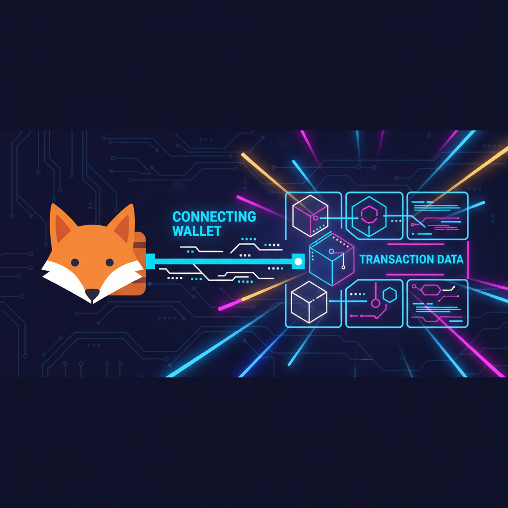 sleek MetaMask wallet connecting to glowing blockchain dashboard, neon cyberpunk vibes, dynamic energy