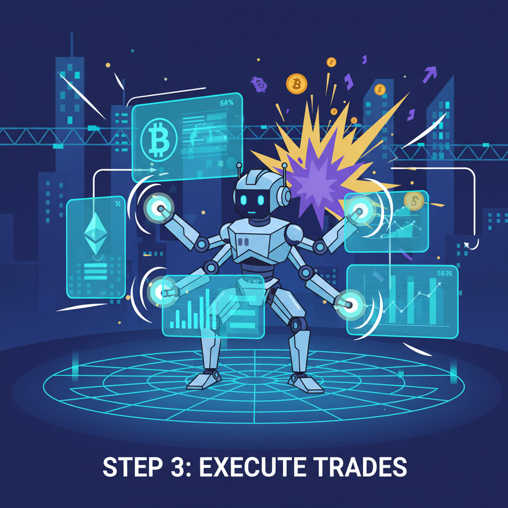 powerful AI agent robot blasting crypto trades on holographic screens, explosive action, high-tech trading arena