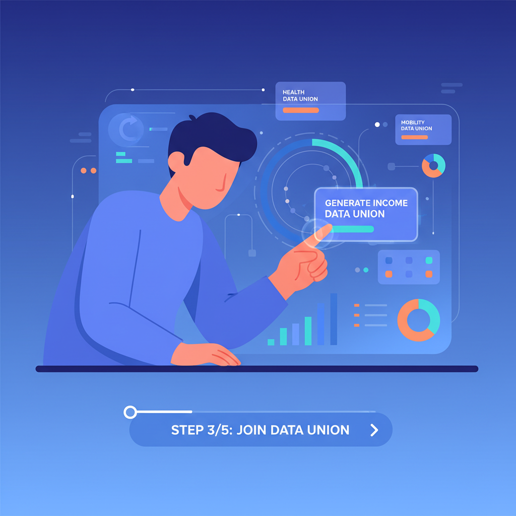 user browsing vibrant data union dashboard, selecting union card, holographic interface