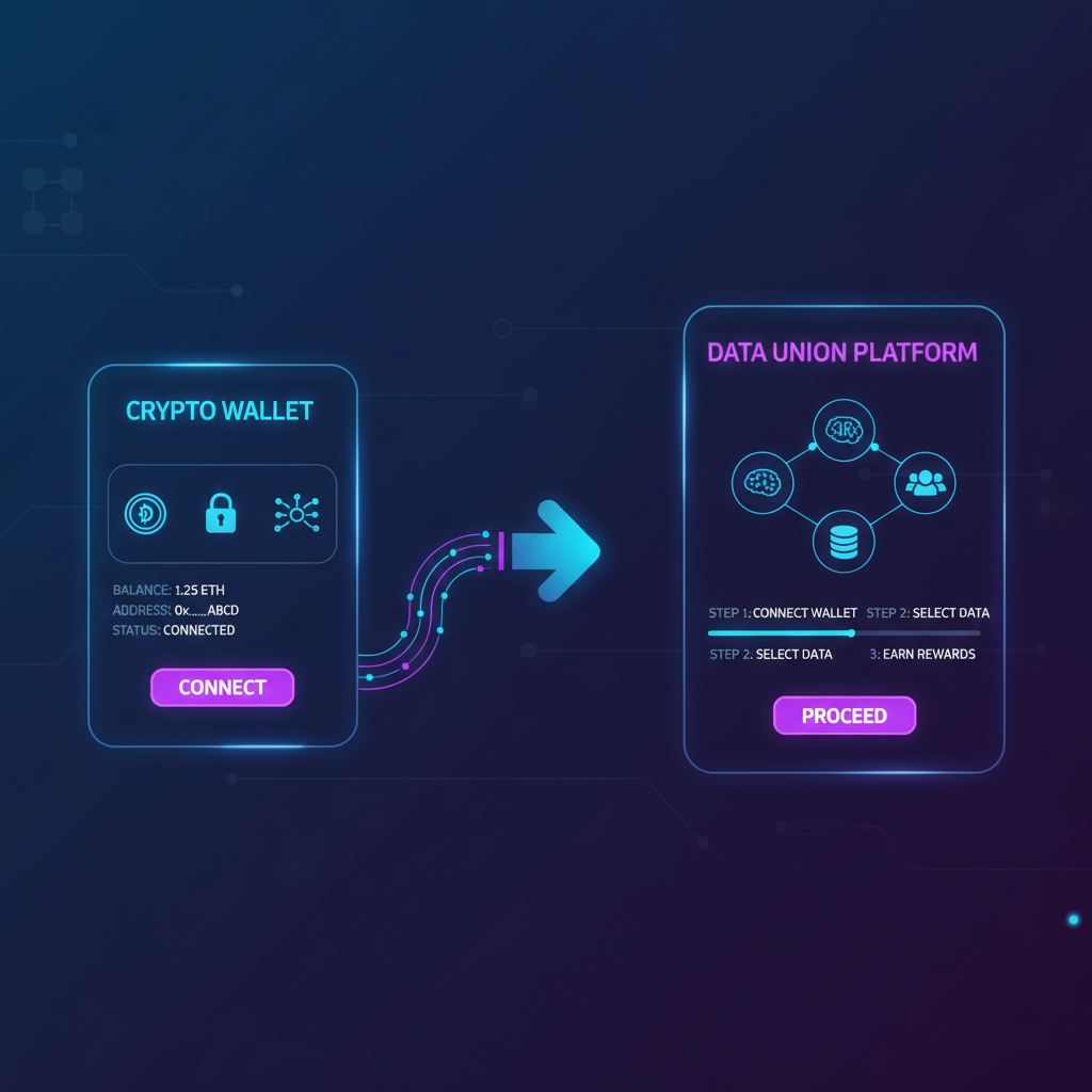 sleek web interface connecting crypto wallet to data union platform, futuristic UI, neon blues and purples