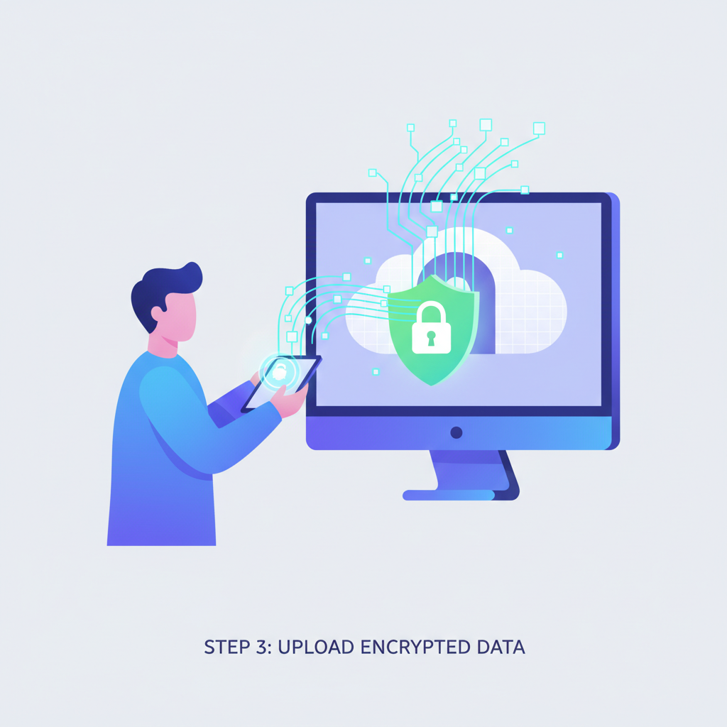 person uploading data files to encrypted platform, glowing data streams, privacy shield icon