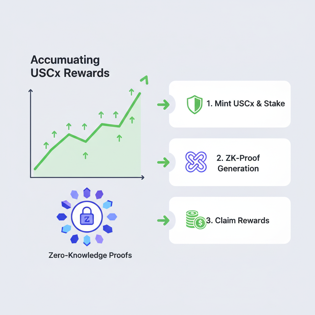 dashboard showing accumulating USDCx rewards graph, zero-knowledge proof visuals, green upward arrows