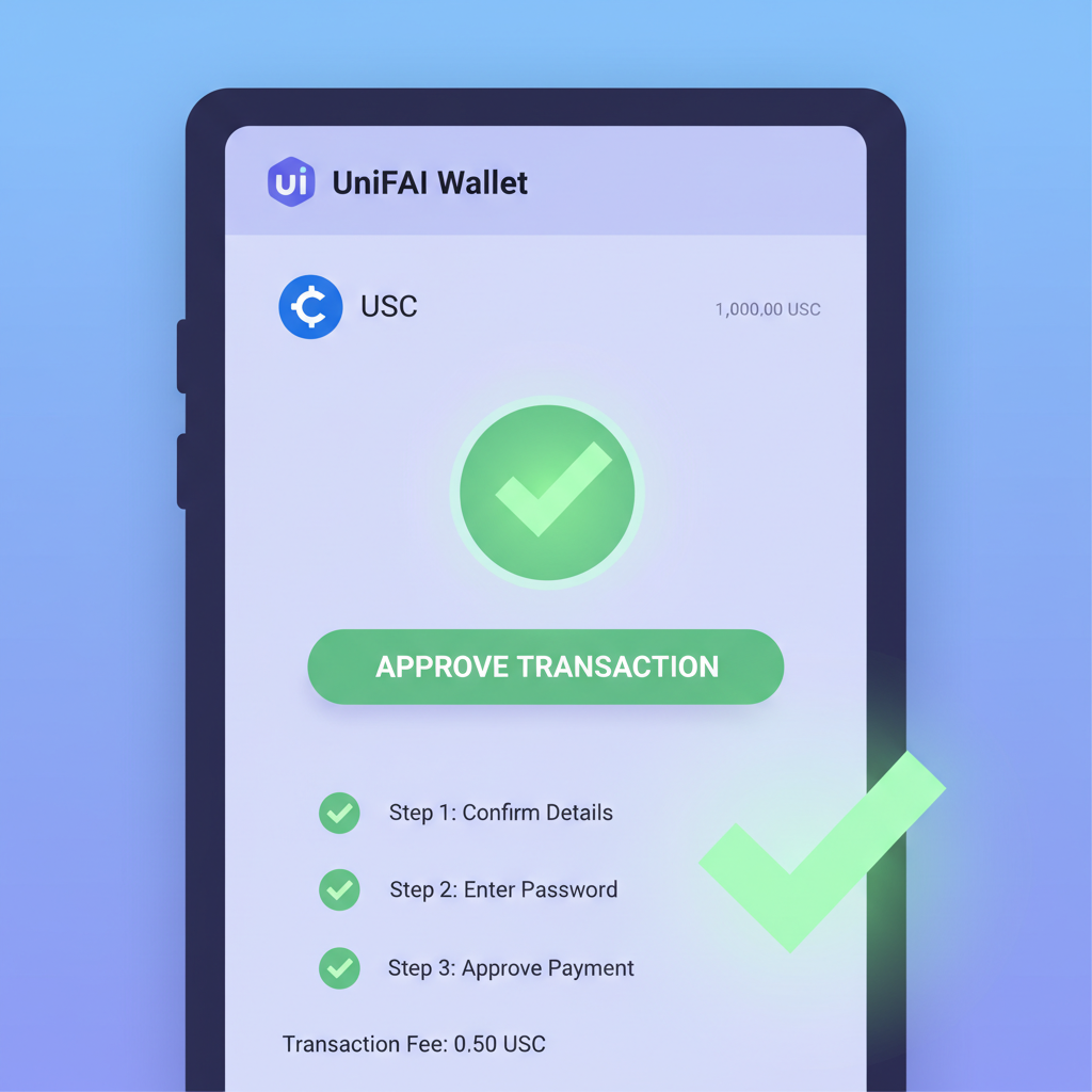 approving usdc transaction in unifai wallet interface, green checkmarks glowing