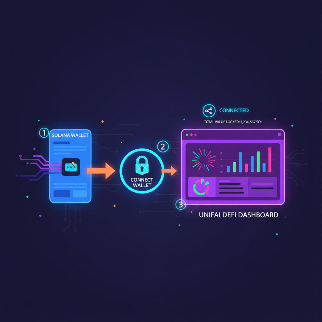 user connecting solana wallet to unifai defi dashboard, neon cyberpunk style