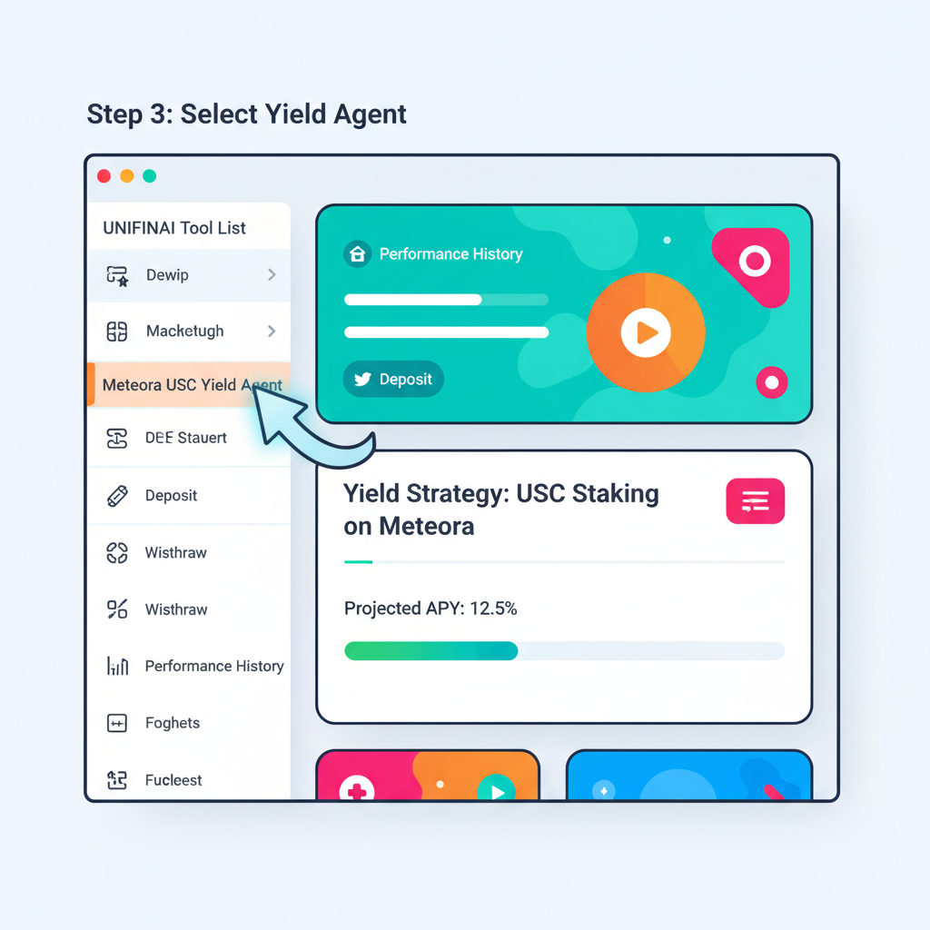 selecting meteora usdc yield agent from unifai tool list, vibrant defi interface