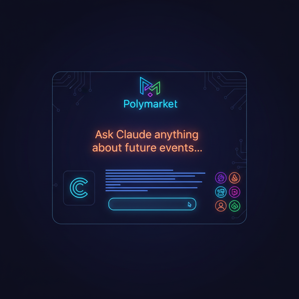 Claude AI chat interface with Polymarket logo and glowing prompt text, futuristic neon style